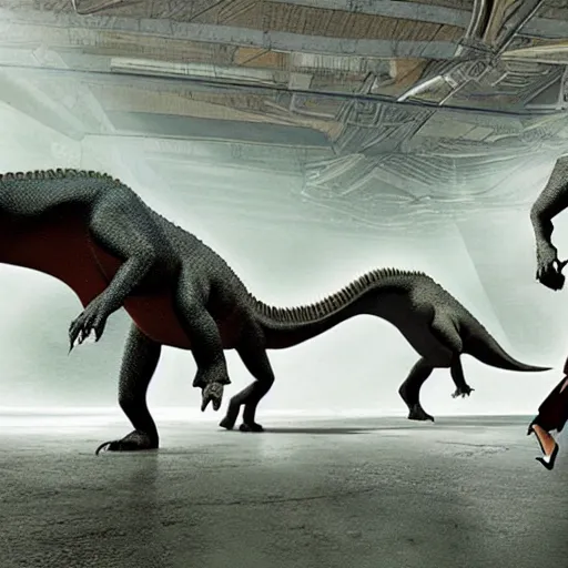Prompt: dinousaurs in the matrix with sunglasses