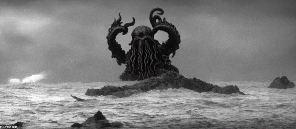 Prompt: A Still of one giant Cthulhu emerged from the ocean, water dripping off him, Cthulhu is gigantic, a tiny boat in the water beneath Cthulhu, you can see this from the beach looking out into a dark a storming ocean, Move shot film, gloomy very misty, Cthulhu is going towards a city, you can see a city next to a beach