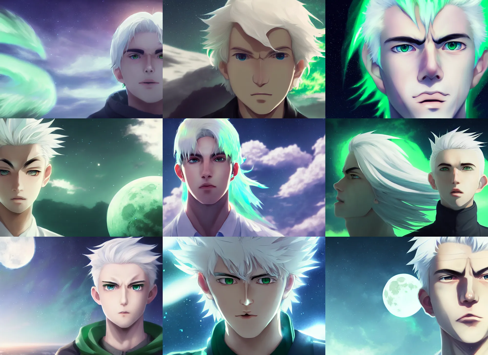 Prompt: white haired young guy with green eyes on the moon, aurora, stunning anime face portrait, high symmetry, close look, octane engine, makoto shinkai, genshin impact, art, detailed, close shot, light blur