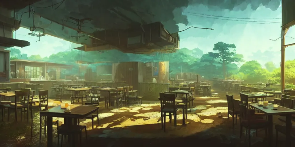 Prompt: a wholesome animation key shot of a post apocalyptic 8 0's restaurant, covered by nature hipster vibes by studio ghibli, animation, sharp, rendered in unreal engine 5, focused, anime key art by greg rutkowski, bloom, dramatic lighting