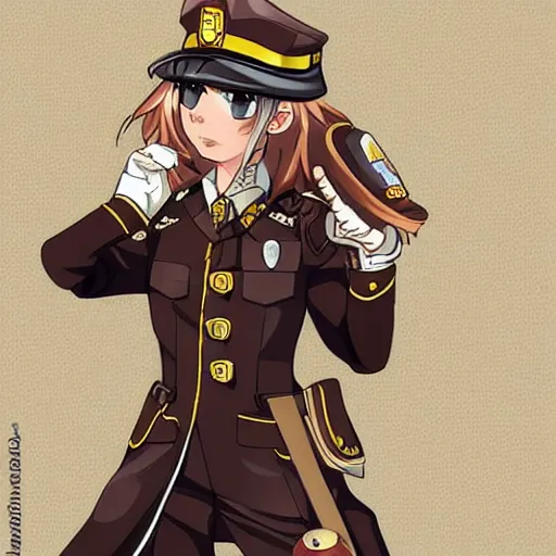 Prompt: steampunk police officer portrait, anime, anime girl, dirty blond, long hair, brown officer hat, finely detailed, smug,