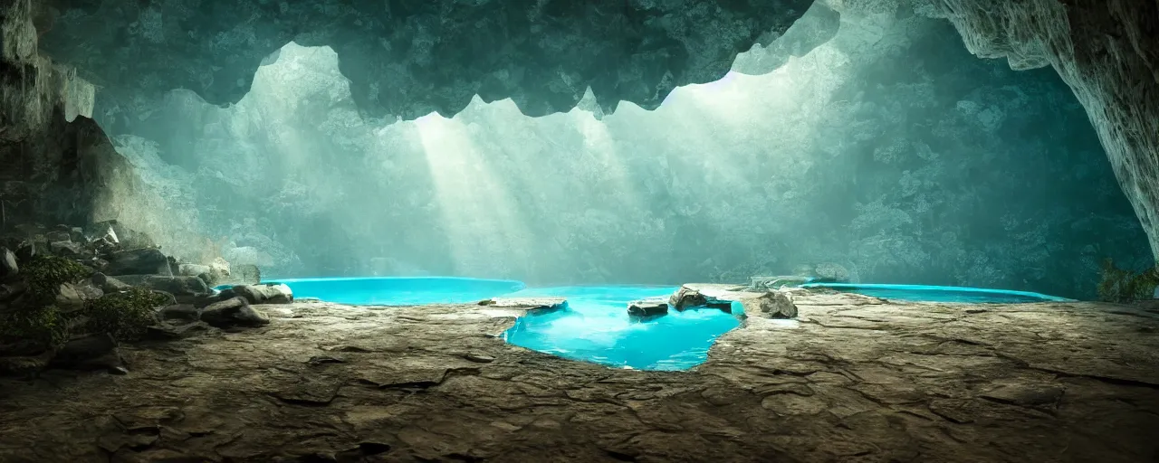 Prompt: Beautiful derelict ancient mountain cave with remanence of ancient life, volumetric lighting beaming through a crack in the roof shining on a turquoise clear pool. A soft glow slightly dusty atmosphere. Wallpaper. Ultra HD, V-ray, Octane Render, 8k, Sharp, Detailed, Maximalism. Stunning