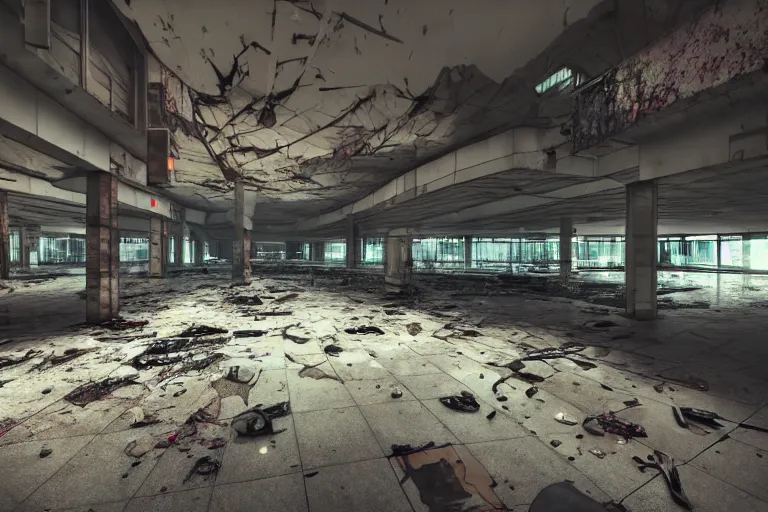 Image similar to low wide angle photo of a abandoned cyberpunk shopping mall with dead human bodies on the floor, a crew of high tech soliders are running out, cinematic lightning, ray tracing, unreal engine, photorealistic, detailed, dark, moody, foggy, scary