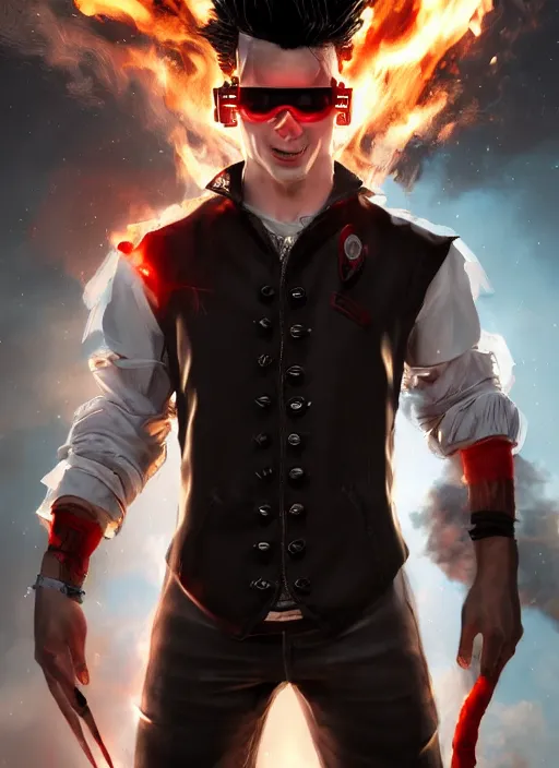 Image similar to An epic fantasy comic book style portrait painting of young man with long red spiked hair. Wearing a black waistcoat, white shirt, using googles. Blasting fire on his hands. Unreal 5, DAZ, hyperrealistic, octane render, cosplay, RPG portrait, dynamic lighting