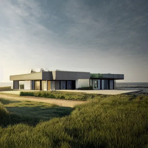 Prompt: a modern country house in a landscape with an ocean view, hdr, trending on artstation, 8 k