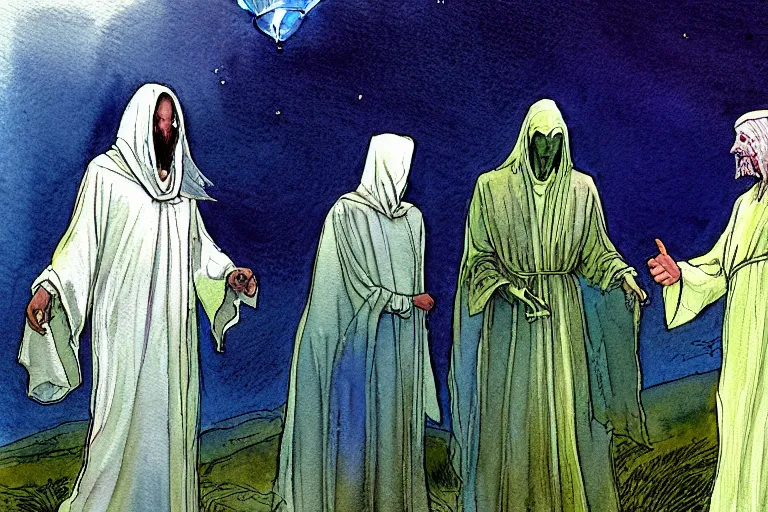 Prompt: a realistic and atmospheric watercolour fantasy character concept art portrait of a three christians wearing robes greeting an alien. they are emerging from the mist on the moors of ireland at night. a ufo is in the background. by rebecca guay, michael kaluta, charles vess and jean moebius giraud