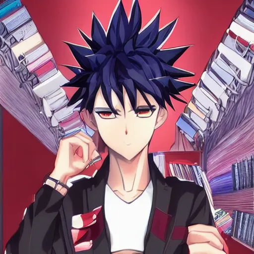 Prompt: aloof anime man with spiky emo hair wearing jock clothes, standing in headmistress's office, smug grin, smug expression, punchable expression, sharp details, subsurface scattering, intricate details, art by artgerm, anime, anime hd wallpaper, 2 0 1 9 anime screenshot