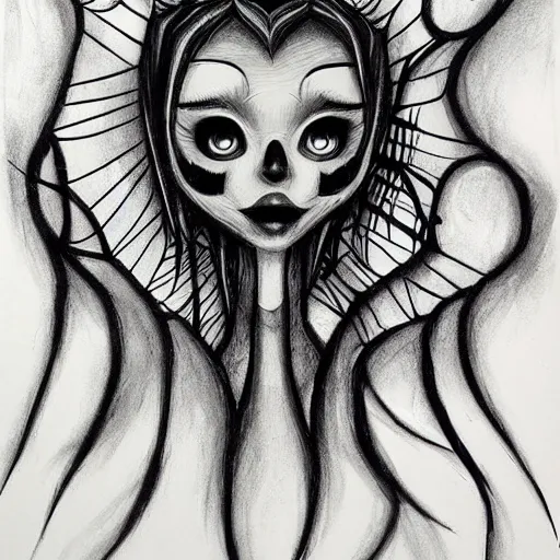 Prompt: macabre charcoal drawing of webs in a flower by jeremiah ketner | horror themed | creepy