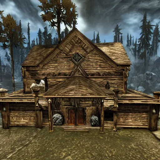 Image similar to Elder Scrolls Skyrim game screenshot of a large house shaped like a fox, made of wood