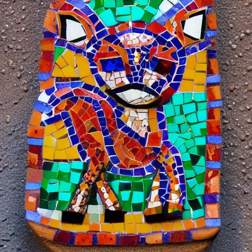 Image similar to mosaic sculpture of a alebrije chimera!!!, irregularly shaped mosaic tiles, hand glazed pottery shards, in the style of folk art, gallery photo