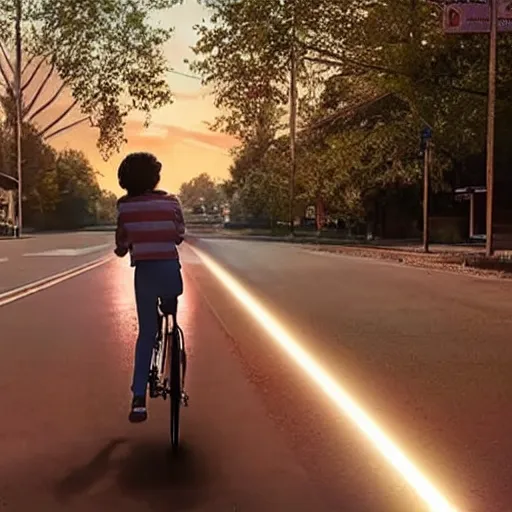 Prompt: Finn WolfHard (Mike Weeler) from Stranger Things riding her bike in the middle of the street, the bike's flashlight illuminating the ground, the clear sky, realistic, extremely high details, photorealistic, 2022s, soft lighting, 4k, human photo