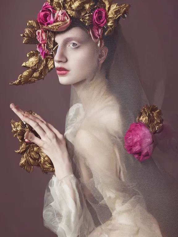 Prompt: a catholic veiled Princess who has rococo dramatic headdress with roses,by Annie Stegg and Jovana Rikalo and VICTOR NIZOVTSEV and Nekro and Billelis,avian-inspired,beaded embroidery,trending on pinterest,hyperreal,Kintsukuroi,gold,maximalist