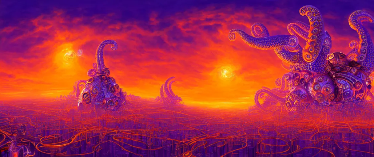 Image similar to hyper-ornate sky city built on giant orange and purple cyborg octopus puffy clouds matte painting concept art alex grey salvador dali cinematic soft orange lighting high angle hd 8k sharp shallow depth of field