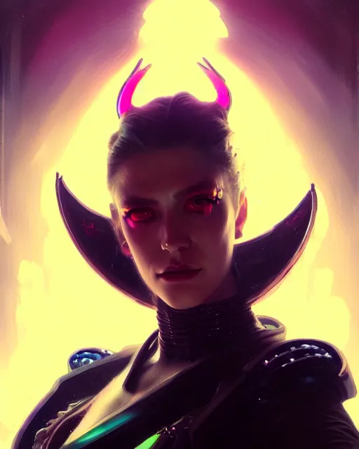 Image similar to painted close - up portrait of a neon intimidating cyberpunk girl. oil painting, wearing a noblewoman's outfit, fantasy art by greg rutkowski and john singer sargent and gaston bussiere, demon noble character design