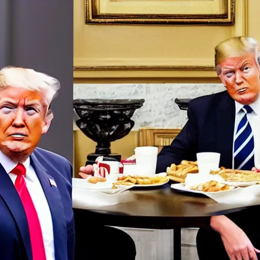 Image similar to photograph of trump and Biden sitting and eating breakfast at a Wafflehouse