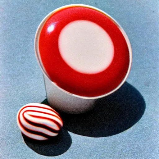 Image similar to 1960s photo of a round red and white peppermint candy held up to the sun