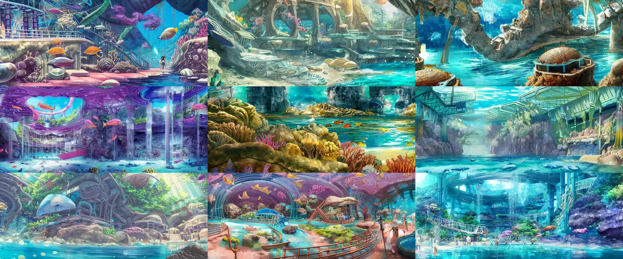 Prompt: detailed interior of giant underwater marine theme park LeMU, Dritte Stock, Lemurian Ruins, anime key visual