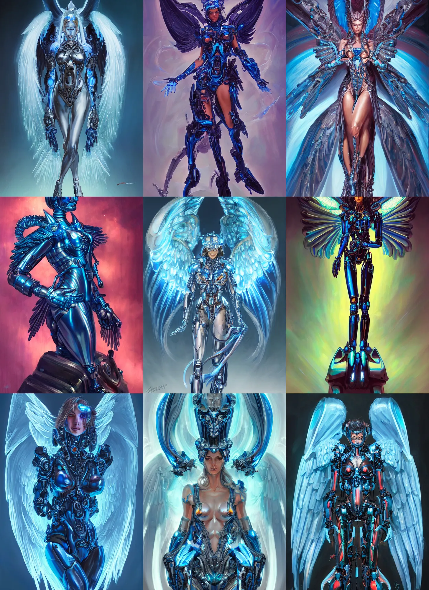 Prompt: formal portrait of beautiful cybernetic angel, painted by jesper ejsing. fantasy, sci - fi, neon blue and chrome, metal angel wings, glowing eyes, intricate detail, cinematic, vivid color scheme, artstation