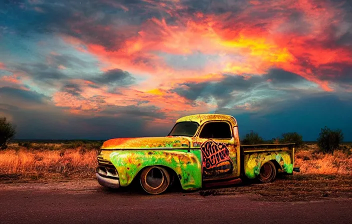 Image similar to a sunset light landscape with historical route 6 6, lots of sparkling details and sun ray ’ s, blinding backlight, smoke, volumetric lighting, colorful, octane, 3 5 mm, abandoned gas station, old rusty pickup - truck, beautiful epic colored reflections, very colorful heavenly, softlight