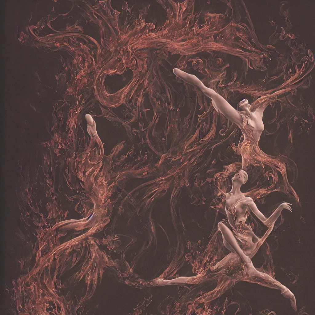 Image similar to a graceful detailed demon ballerina leaving a trail of smoke in a pool of lava by h. r. giger