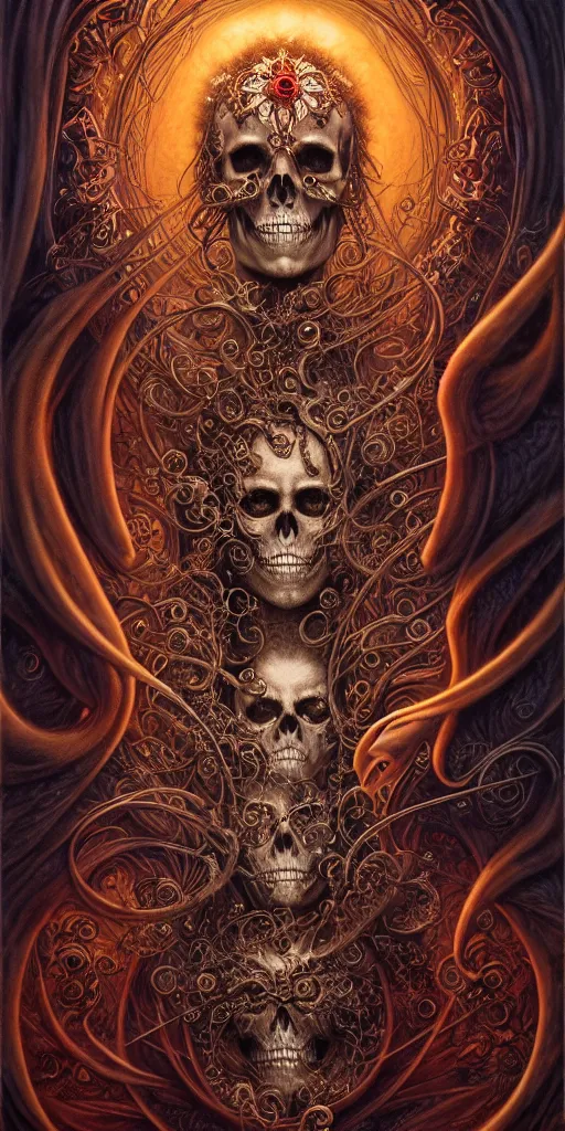 Image similar to A beautiful detailed orixa, tarot card, by tomasz alen kopera and Justin Gerard, symmetrical features, ominous, magical realism, texture, intricate, ornate, royally decorated, skull, skeleton, whirling smoke, embers, red adornements, red torn fabric, radiant colors, fantasy, trending on artstation, volumetric lighting, micro details, 3d sculpture, ray tracing, 8k, anaglyph effect