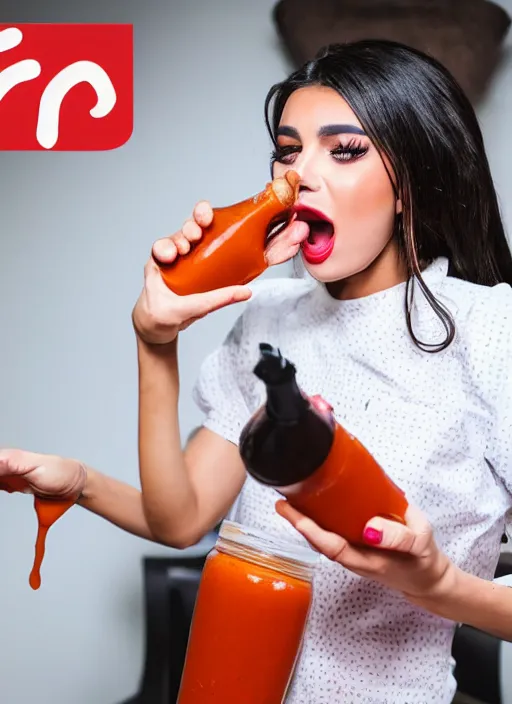 Image similar to A TikTok model is pouring hot sauce into her mouth as a challenge