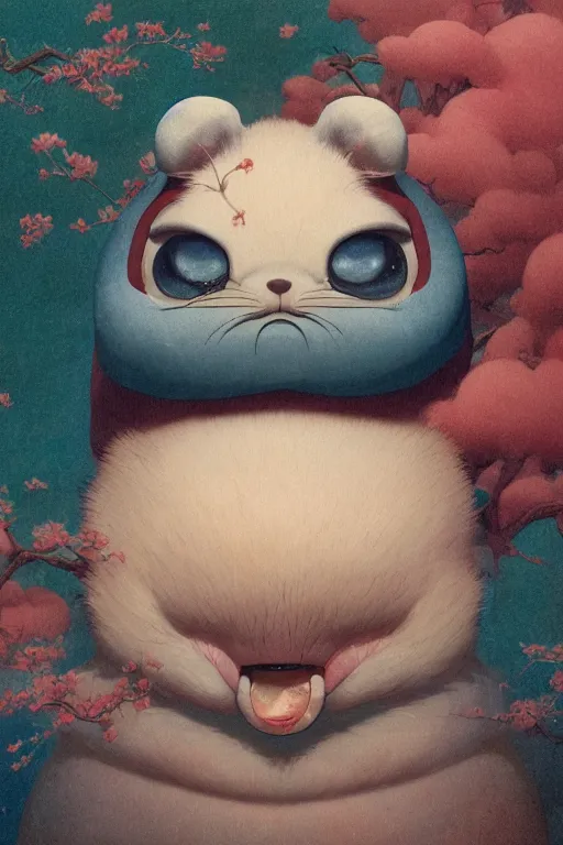 Image similar to a portrait of a fatty cute japanese animal illustrated by miyazaki by karol bak, james jean, tom bagshaw, rococo, sharp focus, trending on artstation, cinematic lighting, hyper realism, octane render, 8 k, hyper detailed, vivid, ultra detailed, highly detailed