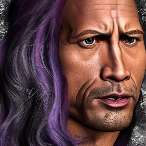 Image similar to Dwayne Johnson with long purple hair, 4k, 8k, trending on artstation, artstationHD, artstationHQ, photorealistic imagery