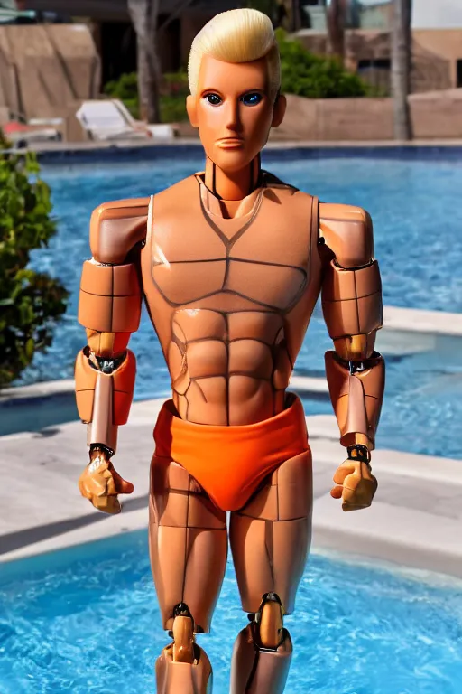 Image similar to a handsome bodybuilder with blonde hair who is also a male android robot, ken doll, muscular, wearing a cut-off white crop top and short light orange shorts stands by a swimming pool, shiny skin, robotic