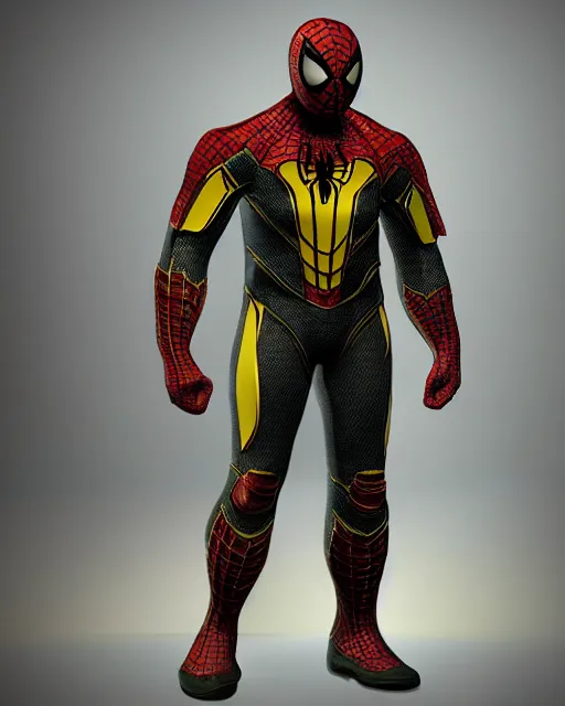 Image similar to super detailed photo realistic brute armor designed at horizon labs to help protect peter after the loss of his spider - sense, black and yellow spiderman suit