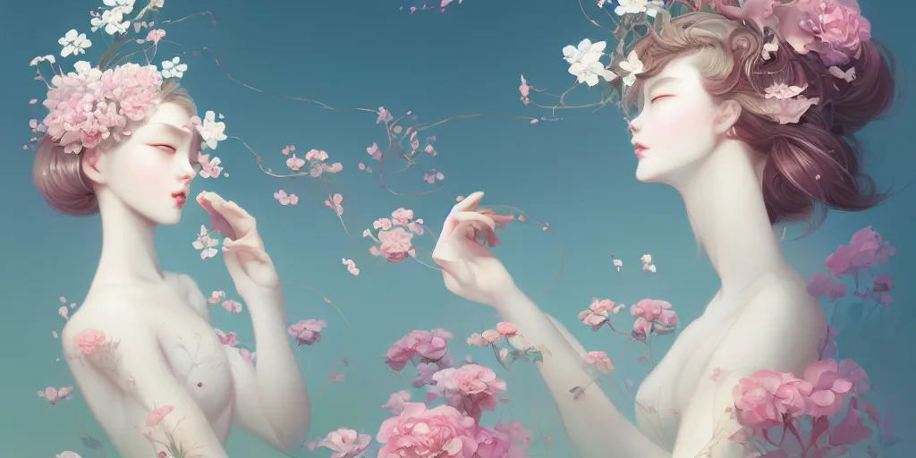 Image similar to breathtaking delicate many detailed concept art with flowers and girls, by hsiao - ron cheng, bizarre compositions, exquisite detail, pastel colors, 8 k