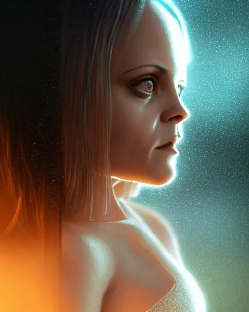 Image similar to Full body potrait of christina Ricci as an angel, hyper realistic, prismatic highlights, atmosphere, raining, gorgeous, depth of field, cinematic, macro, concept art, 50mm, artstation, wlop, elegant, epic, weta digital, focus, octane render, v-ray, 8k, kodak portra, art by Liberatore