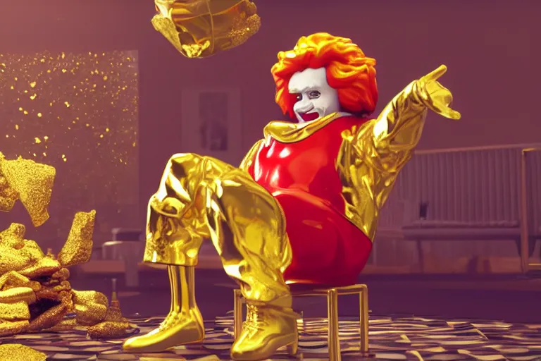 Image similar to a still of ronald mcdonald surrounded by gold and diamonds, award - winning, photograph, 3 d render, unreal engine, 4 k detailed