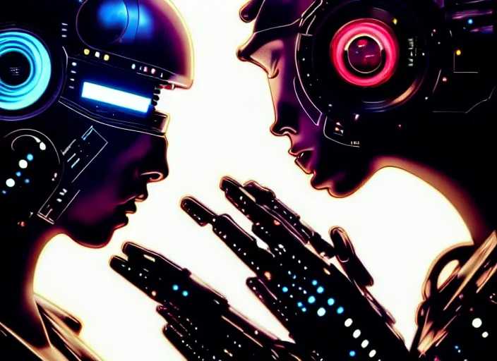 Prompt: ultra realistic photograpic medium shot of a couple of cyborgs kissing, lovers, cyberpunk, sci - fi, fantasy, kodak potra 4 0 0, colour led, soft light, volumetric lighting, night, intricate, highly detailed, digital painting, concept art, smooth, sharp focus, illustration, art by artgerm and greg rutkowski and alphonse mucha