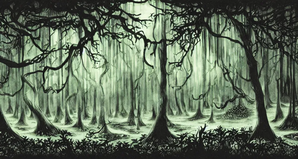 Image similar to A dense and dark enchanted forest with a swamp, by Hajime Isayama