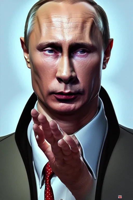 Image similar to vladimir putin with jar jar binks eyes, realistic portrait, symmetrical, highly detailed, digital painting, artstation, concept art, smooth, sharp focus, illustration, cinematic lighting, art by artgerm and greg rutkowski and alphonse mucha