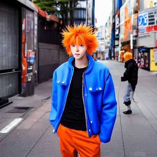 Image similar to orange - haired anime boy, 1 7 - year - old anime boy with wild spiky hair, wearing blue jacket, shibuya street, bright sunshine, strong lighting, strong shadows, vivid hues, sharp details, subsurface scattering, intricate details, hd anime, high - budget anime movie, 2 0 1 9 anime