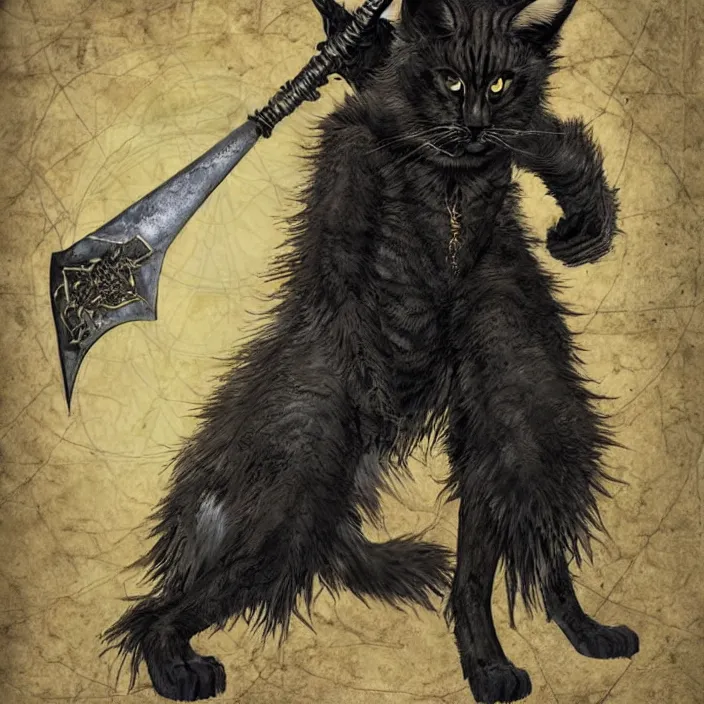 Image similar to khajit tabaxi catfolk humanoid with maine coon features black fur with a scar on the left eye and holding two shortswords cloaked in shadow and wearing hooded leather armor agile, dungeons and dragons, fantasy, tarot card style, high detail, hyper realistic