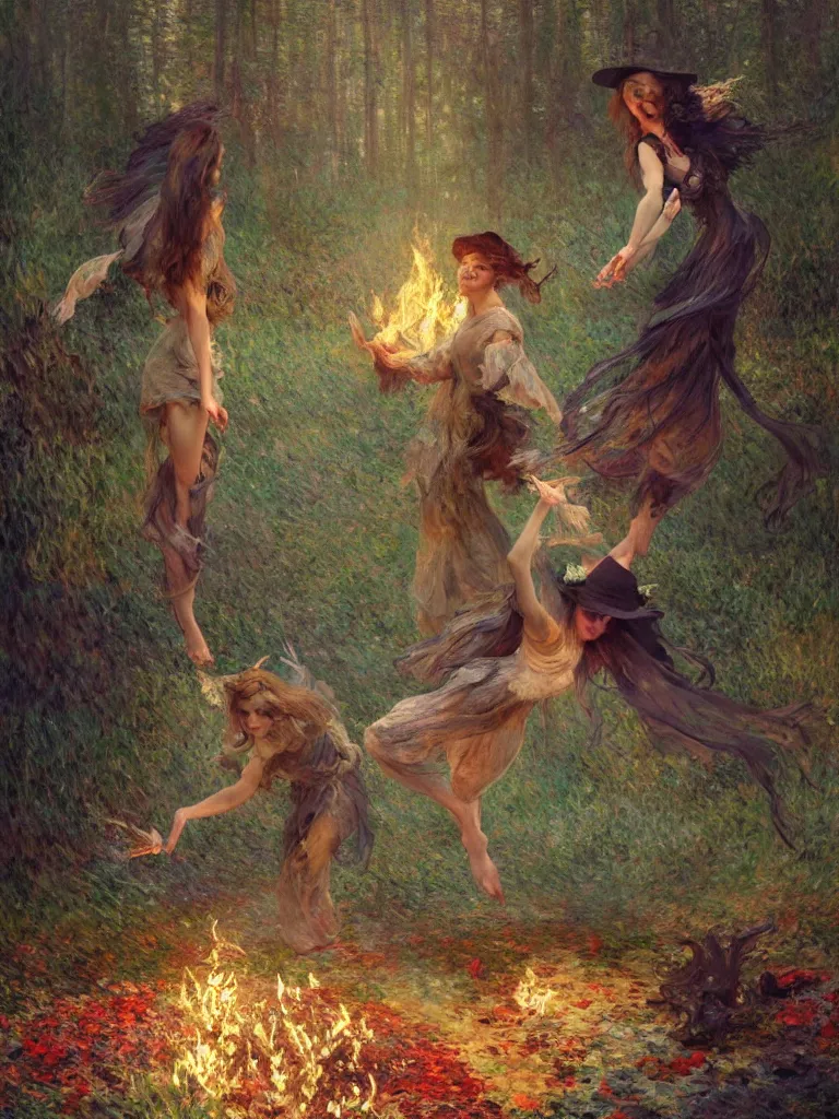 Image similar to illustration studio portrait of witches dancing and floating around a big firepit in artistic poses at the forest in a witch's dark coven, monet painterly motives and textures pattern, hyper detailed, octane render, vivid colors, artstation, by jeremy mann, by alphonse mucha, by monet