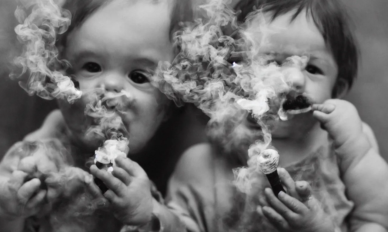 Image similar to a photograph of a baby smoking a bong