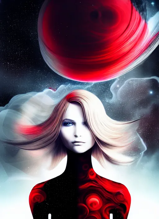 Prompt: highly detailed portrait of a hopeful pretty astronaut lady with a wavy blonde hair, by Ingrid Baars, 4k resolution, nier:automata inspired, bravely default inspired, vibrant but dreary but upflifting red, black and white color scheme!!! ((Space nebula background))