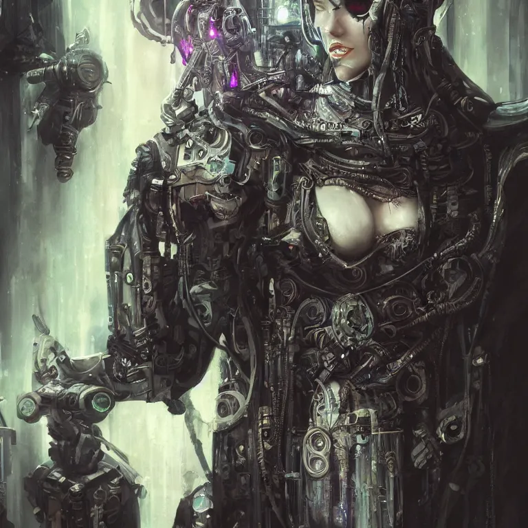 Image similar to cybernetic priestess, cyberpunk, gothic, fantasy, science fiction, character concept art, painting, hyperdetailed, realistic, creepy, atmospheric, cinematic, kinemacolor