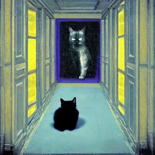 Image similar to a black cat in a blue and gold haunted liminal abandoned room, film still by gottfried helnwein, by klimt, art noveau, highly detailed, strong lights, liminal, eerie, bright pastel colors,