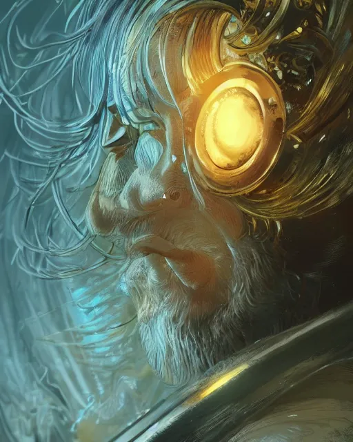 Image similar to An old man looking into a golden mirror, close-up, fantasy art, male art, in the style of masami kurumada, illustration, epic, fantasy, intricate, hyper detailed, artstation, concept art, smooth, sharp focus, ray tracing