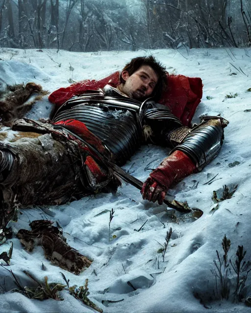 Prompt: Highly realistic oil painting of a wounded knight lying in the snow and surrounded by blue flowers, blood on flowers, by greg rutkowski, highly detailed, cinematic lighting, moody, dark