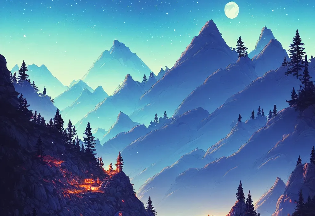 Image similar to mountains background with pines at night, rocks, trees, castle, night sky, intricate oil painting, high detail illustration, sharp high detail, manga and anime 1 9 9 9, official fanart behance hd artstation by jesper ejsing and makoto shinkai, 4 k,