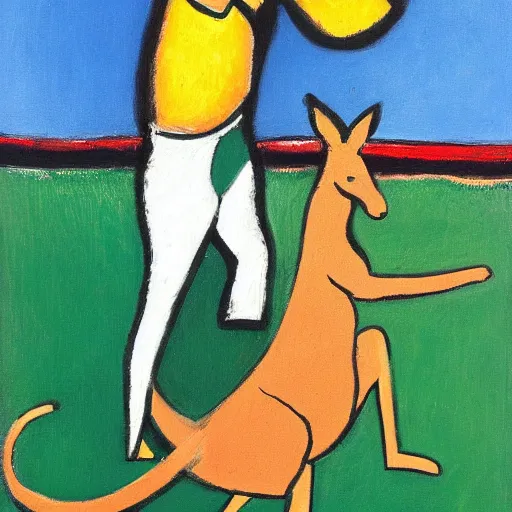 Prompt: simon whitlock riding a kangaroo, as painted by matisse