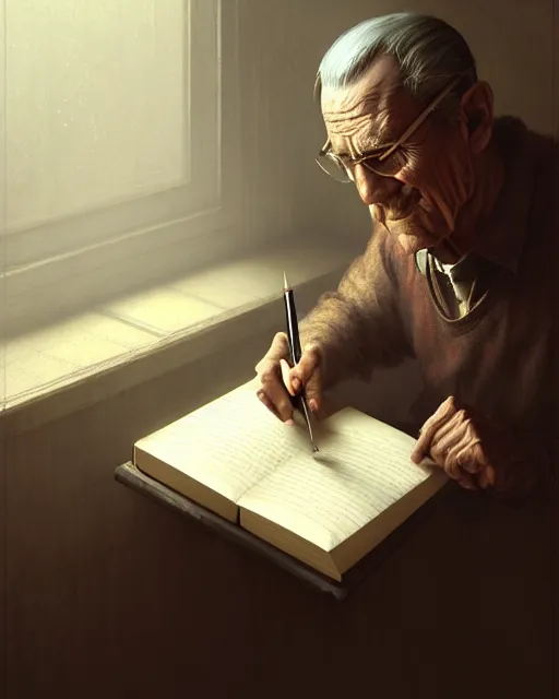 Prompt: old male scribe writing a book | | realistic shaded, fine details, realistic shaded lighting poster by greg rutkowski, diego gisbert llorens, magali villeneuve, artgerm, jeremy lipkin and rob rey