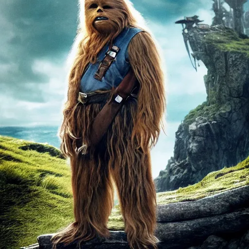 Image similar to promotional image of Chewbacca as Bilbo Baggins in The Hobbit: An Unexpected Journey (2012) directed by Peter Jackson, movie still, promotional image, imax 70 mm footage