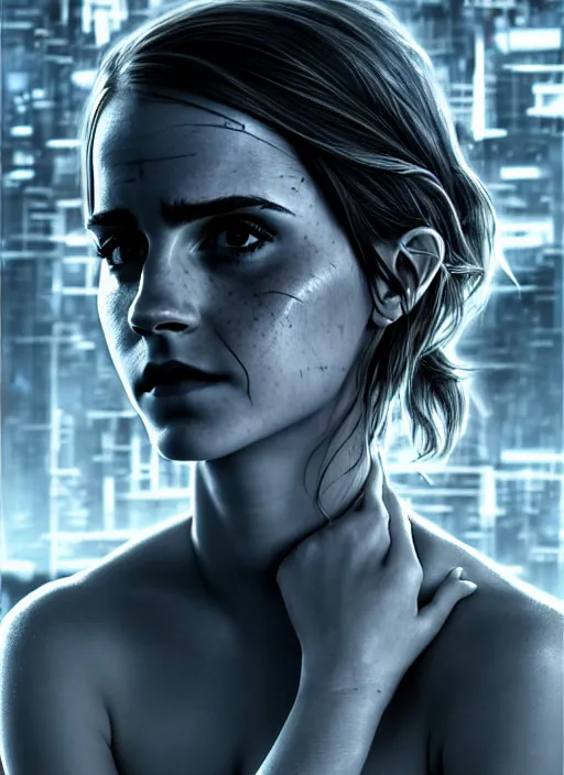 Prompt: 3 / 4 portrait, emma watson, crown, transparent skin, muscle, bones, veins, nerves, hyperrealism, detailed, photorealistic, cyberpunk apocalyptic city, futuristic, ultra realistic, cinematic, intricate, cinematic light, unreal engine 8 k, octane render, unreal engine by charlie bowater, david kostic, stanley lau, artgerm